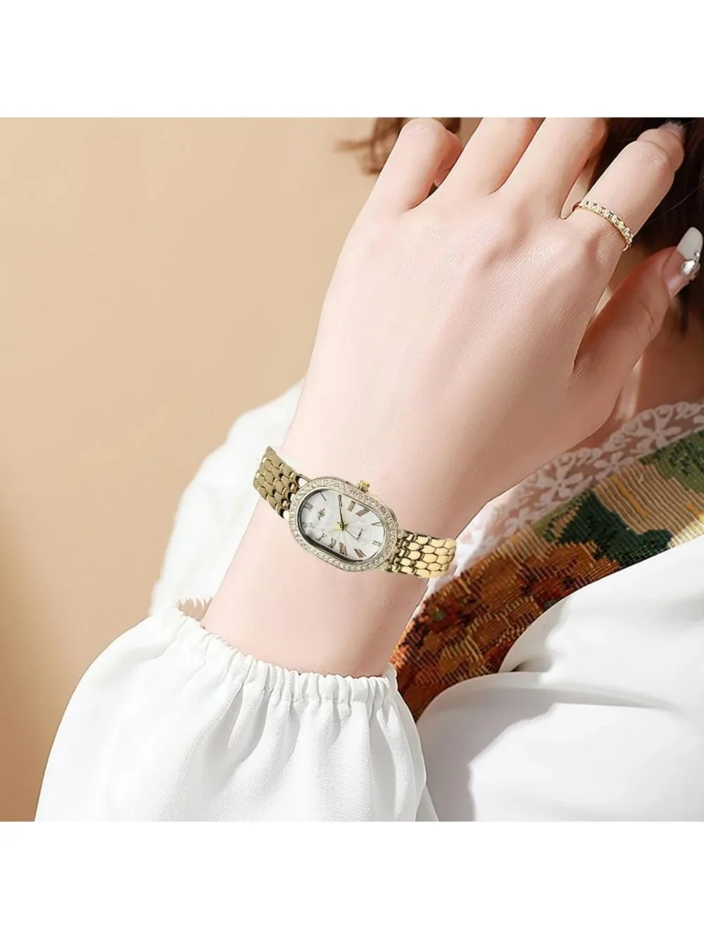 Women's Gold White Oval Case Adjustable Stainless Steel Analog Wrist Watches